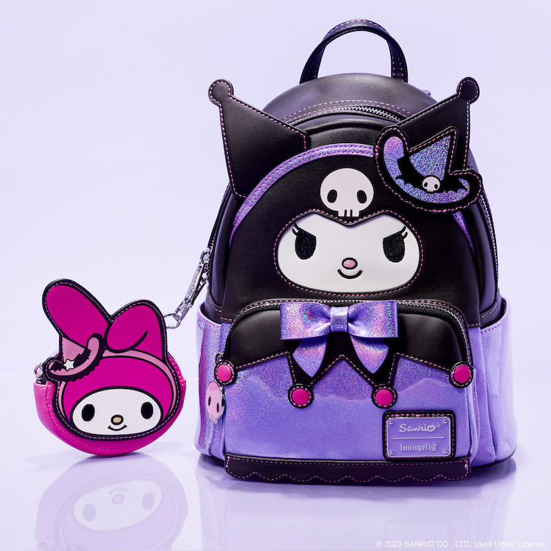 Image of our NYCC 2023 exclusive Sanrio Kuromi Mini Backpack. Kuromi is dressed as a witch and the My Melody coin pouch is also dressed as a witch.